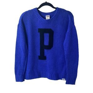 PINK Victoria's Secret Royal Blue Knit Crewneck Sweater with Black 'P'